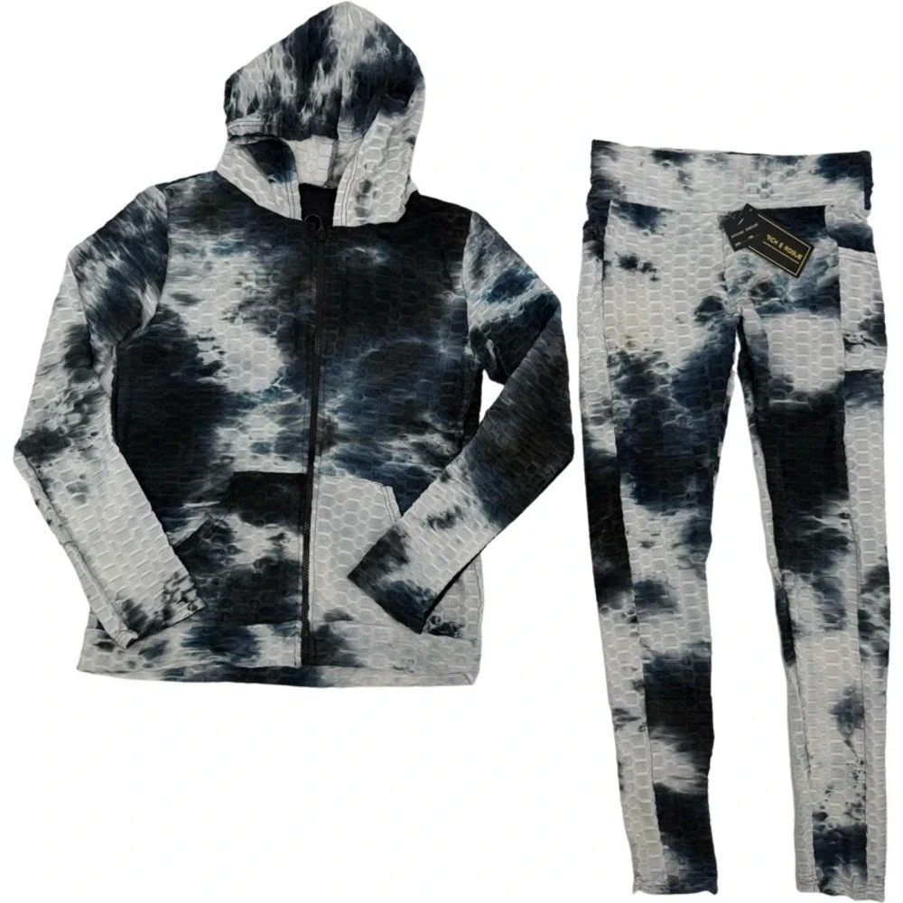 RICH & ROGUE NEW 1XL Tracksuit Lot Blue Black Tie Dye Honeycomb Textured Active
